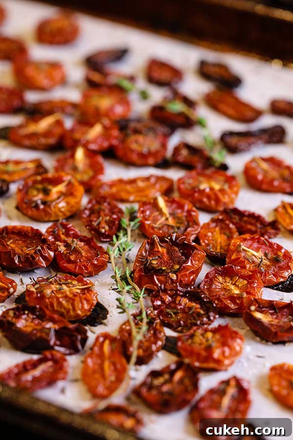 Freshly roasted tomatoes removed from the oven and cooling