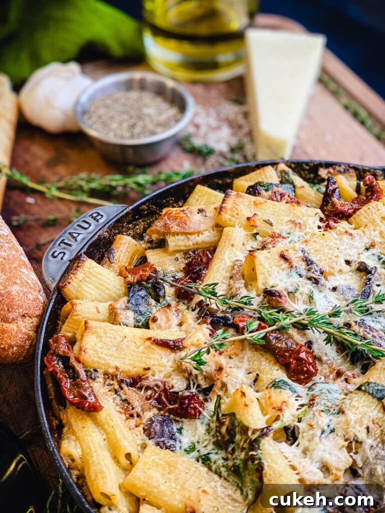 baked creamy chicken pasta in a pan with cheese and olive oil