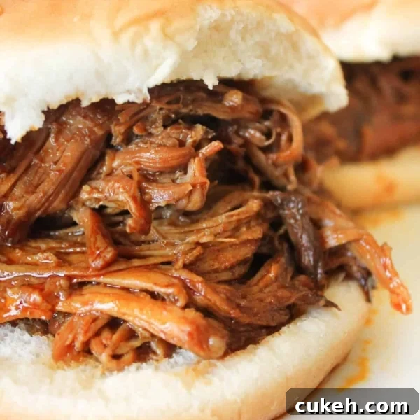 A close-up of a sandwich with shredded barbecue meat filling on a white bun, with another similar sandwich in the background.