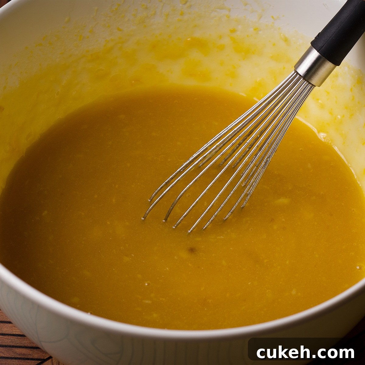 Someone using a wire whisk to mix melted butter, olive oil, honey, whole eggs and an egg yolk, lemon zest, almond extract, and sour cream in a white bowl.