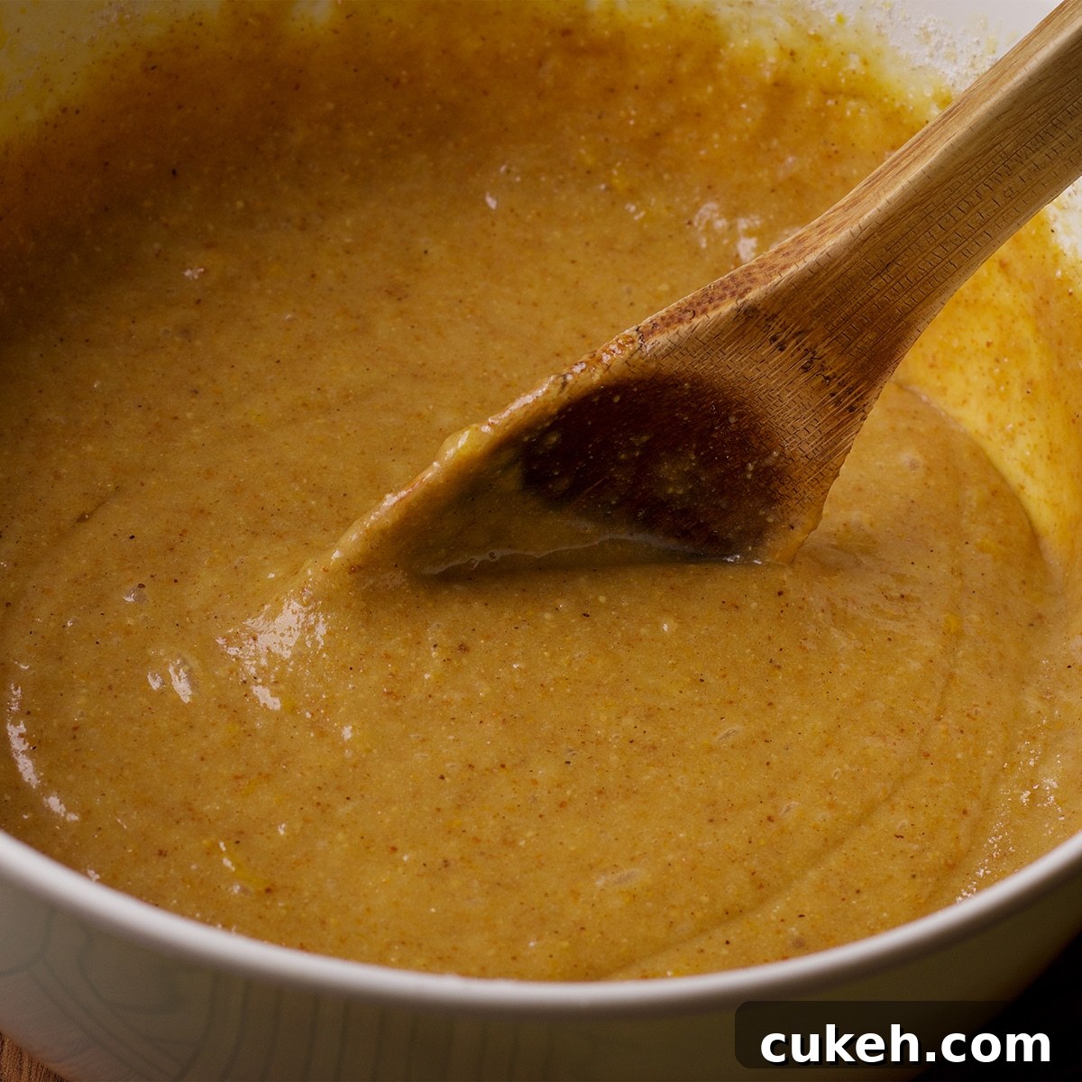 Someone using wood spoon to mix the batter for honey cake in a white bowl.