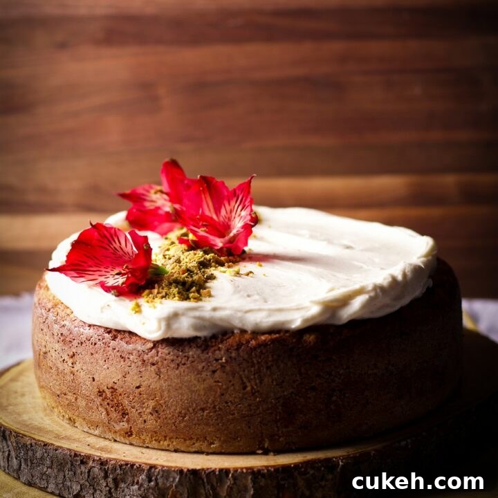 A single layer pistachio cardamom cake frosted with cream cheese buttercream and decorated with pistachios and red flowers.