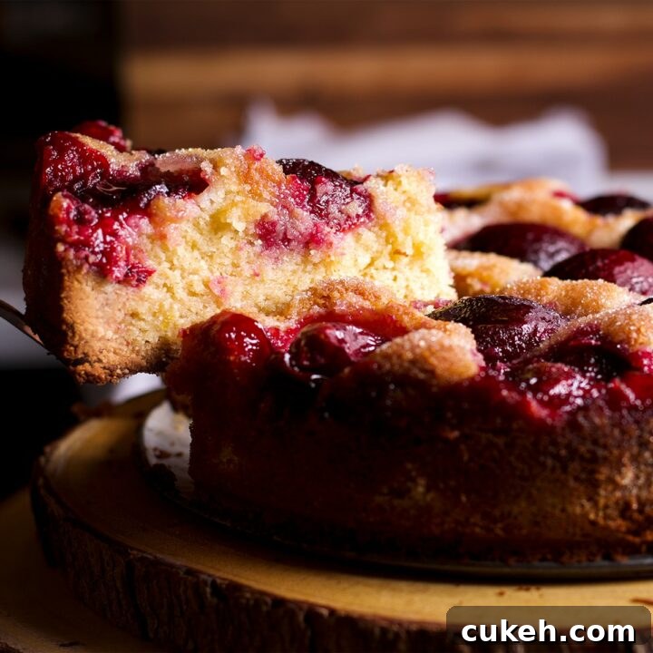 Someone lifting a slice of almond plum cake from the whole cake so you can see the moist, tender crumb.
