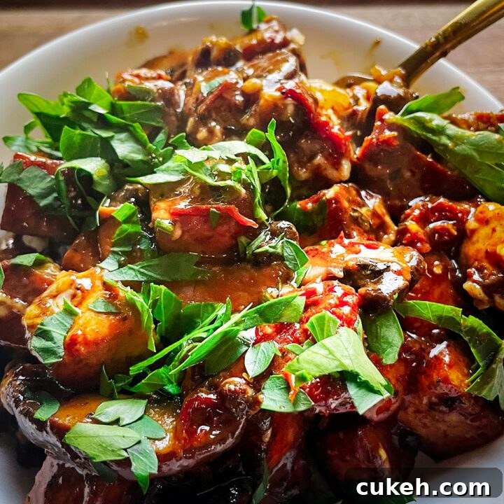 A bowl of tofu and mushrooms in sun-dried tomato sauce over rice.