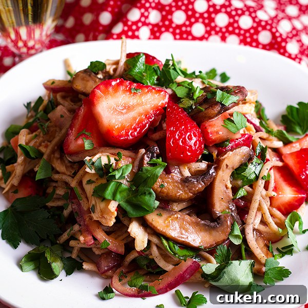 Mushroom & Noodle Stir Fry with Strawberries & Chicken or tofu.