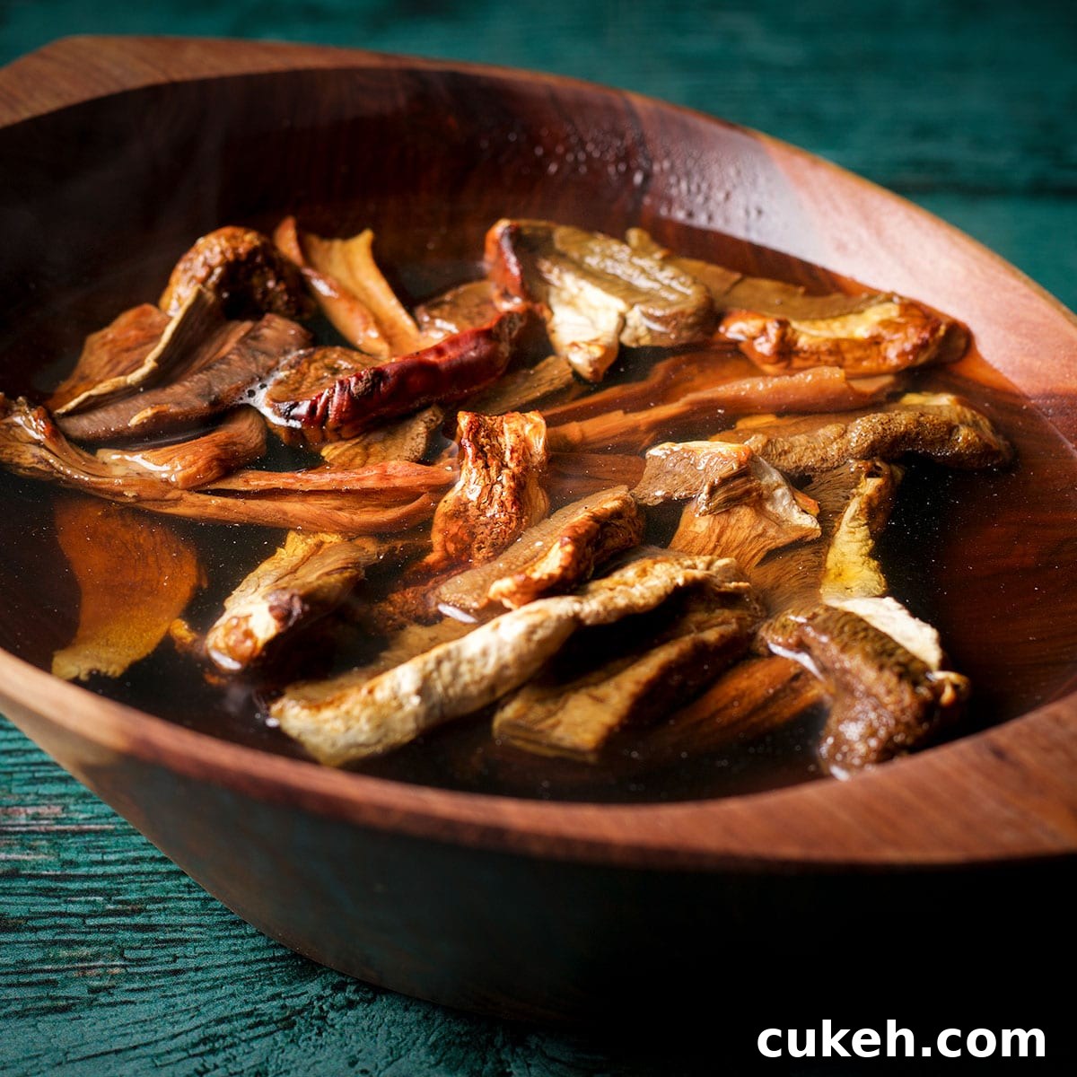 Soak the dried mushrooms in water to soften.