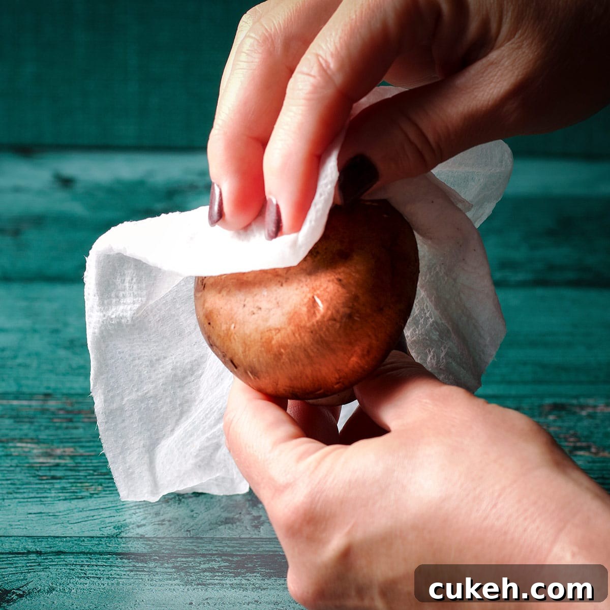 Use a damp paper towel to gently clean the mushrooms.