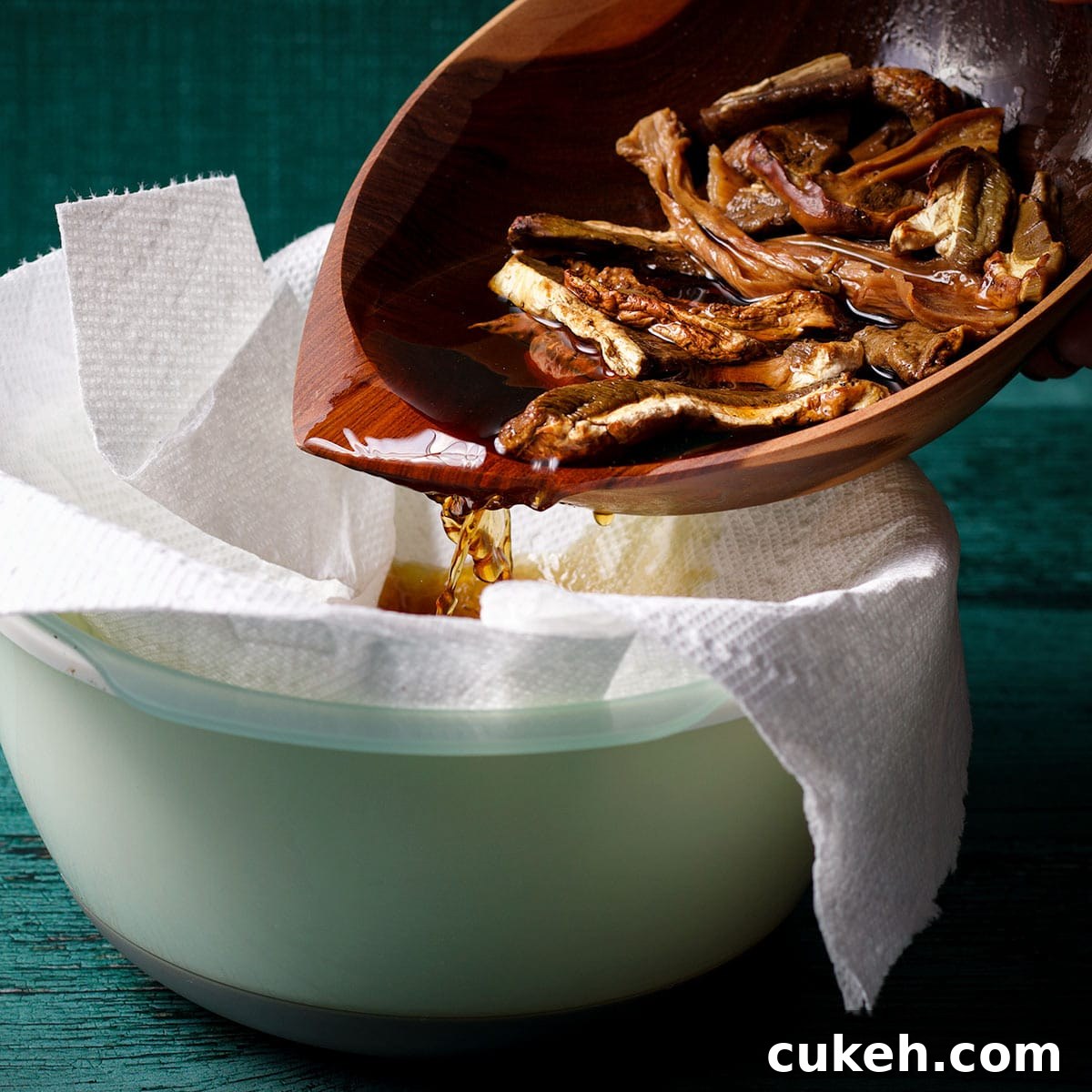 Strain the liquid from the dried mushrooms after soaking.