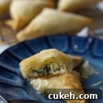 Spinach phyllo triangles on plate.