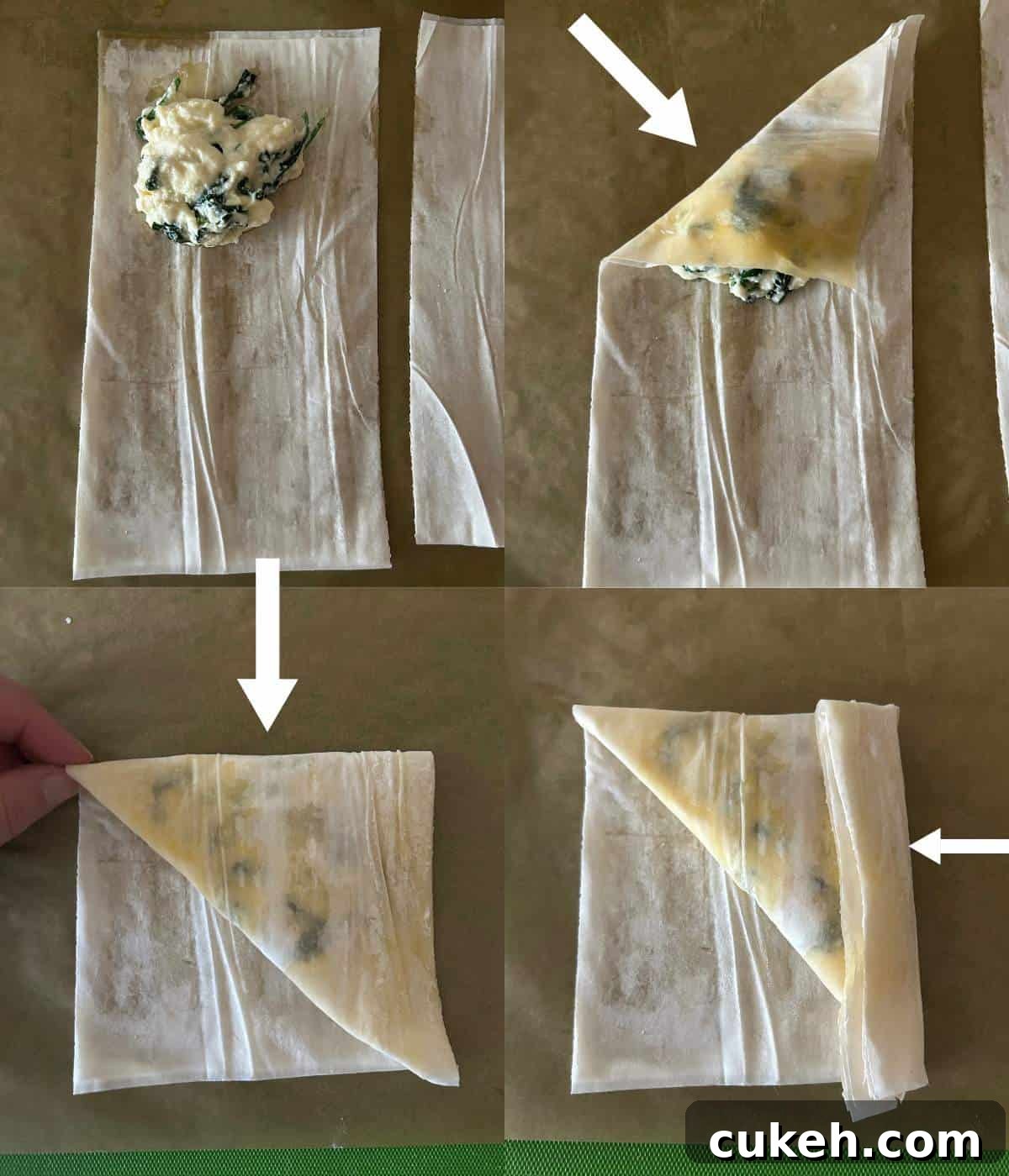 Folding phyllo dough over filling