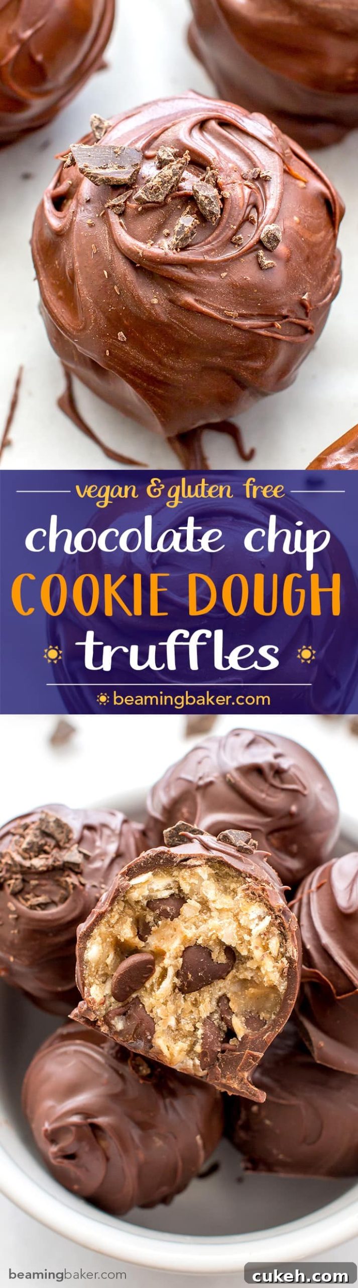 Chocolate Chip Cookie Dough Truffles (V+GF): Decadent cookie dough centers studded with chocolate chips and encased in a smooth, dark chocolate shell. BEAMINGBAKER.COM. #Vegan #GlutenFree