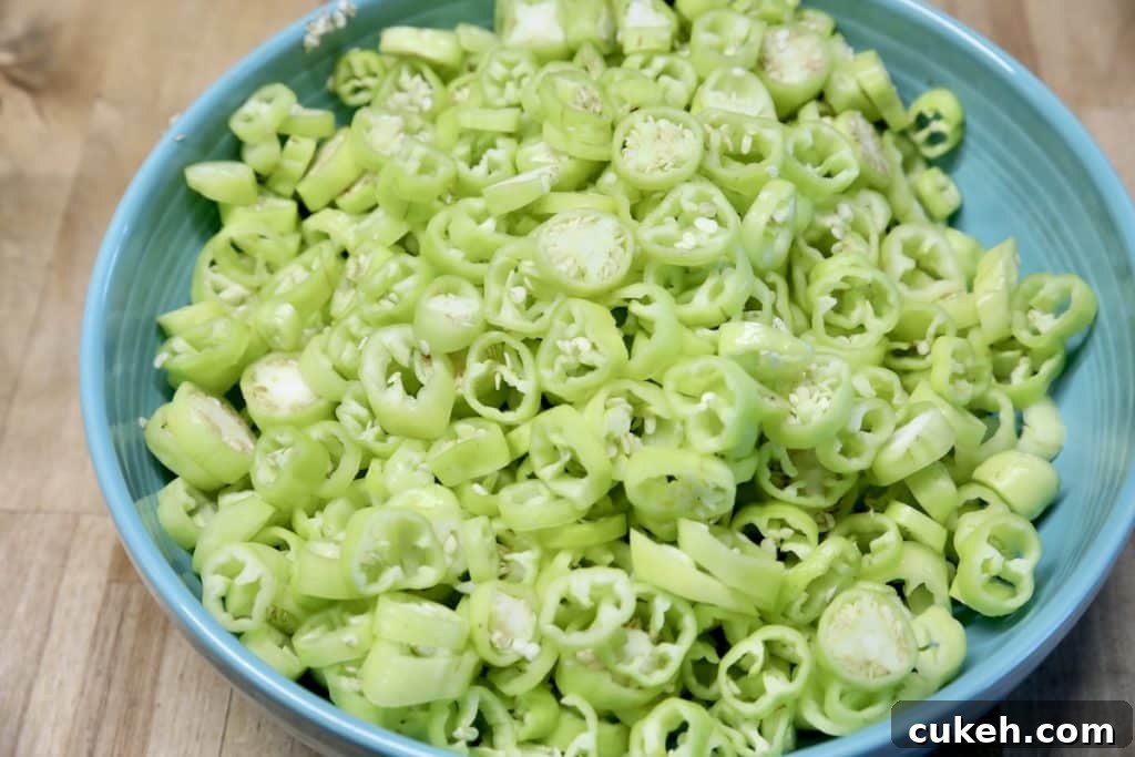 Bowl of sliced banana peppers.