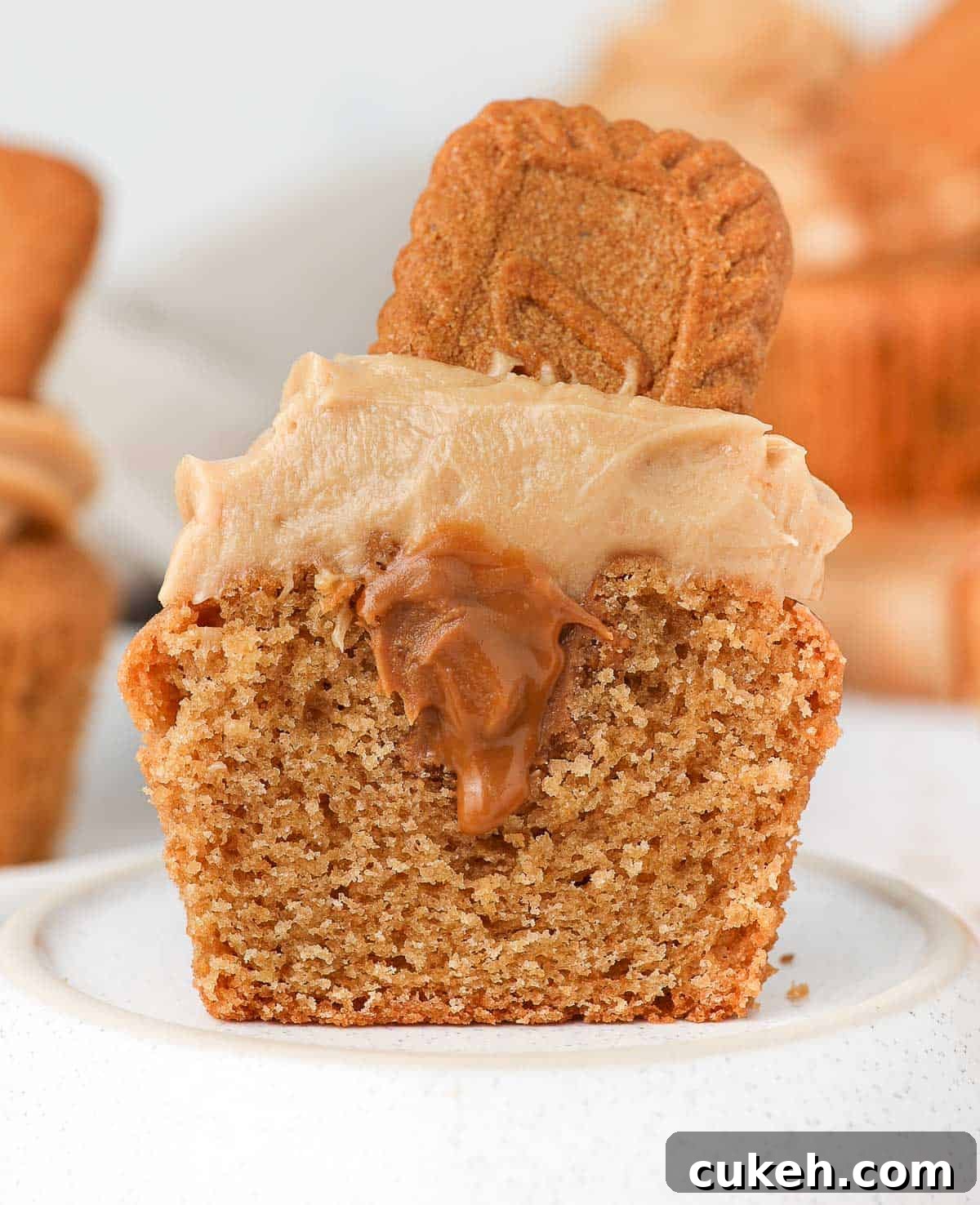 Cupcake cut in half topped with cookie butter frosting.