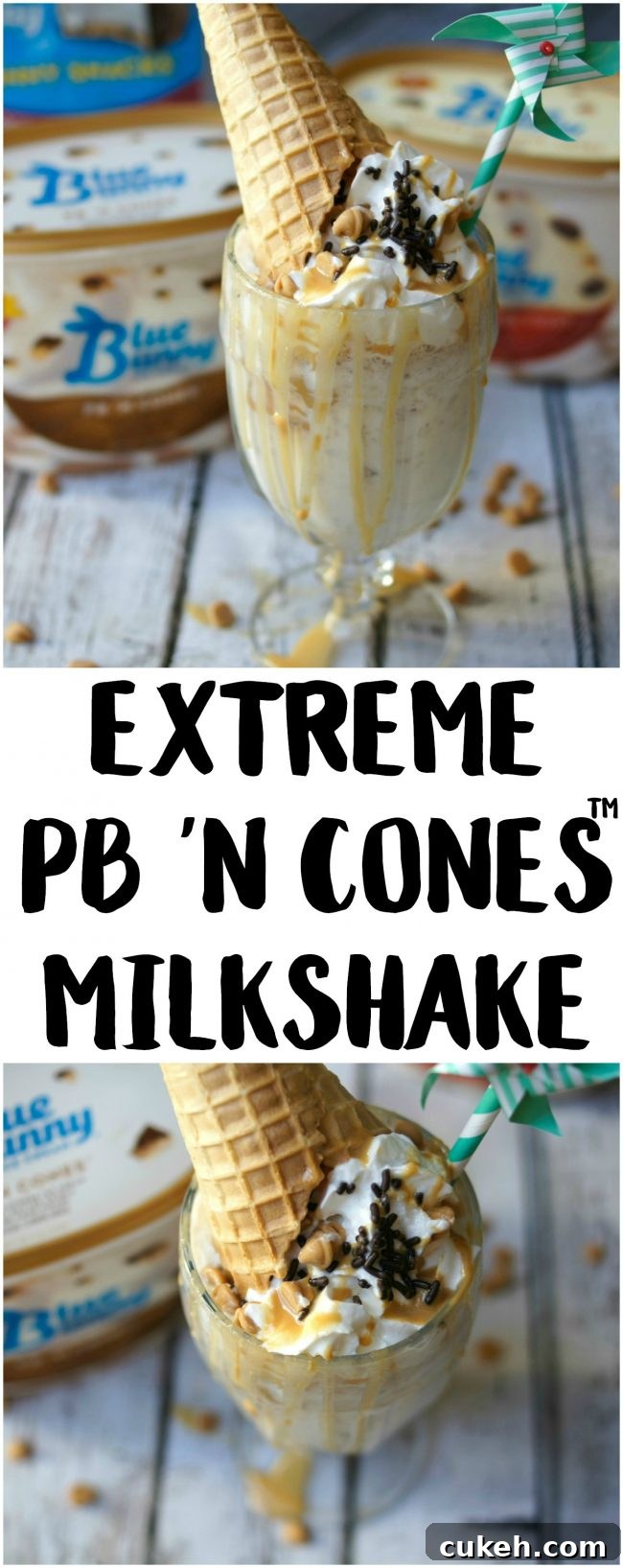Extreme PB 'N Cones Milkshake Recipe: Peanut Butter & Cone Shake 9 Have you ever had an extreme milkshake? They are popping up in restaurants around the world and each one of the ideas is more crazy than the next! Now you can DIY one at home, whether for parties or just desserts! This Extreme PB ‘N Cones Milkshake recipe is filled with peanut buttery goodness, a touch of chocolate sweets, and a real ice cream cone on top!