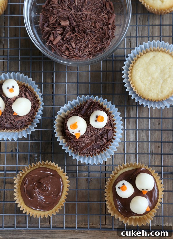 Overhead view of chick cupcakes on metal surface 