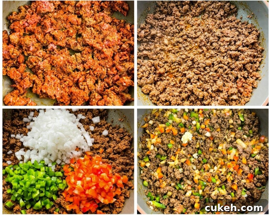 collage of 4 photos with ground beef sauteed in a pan with veggies