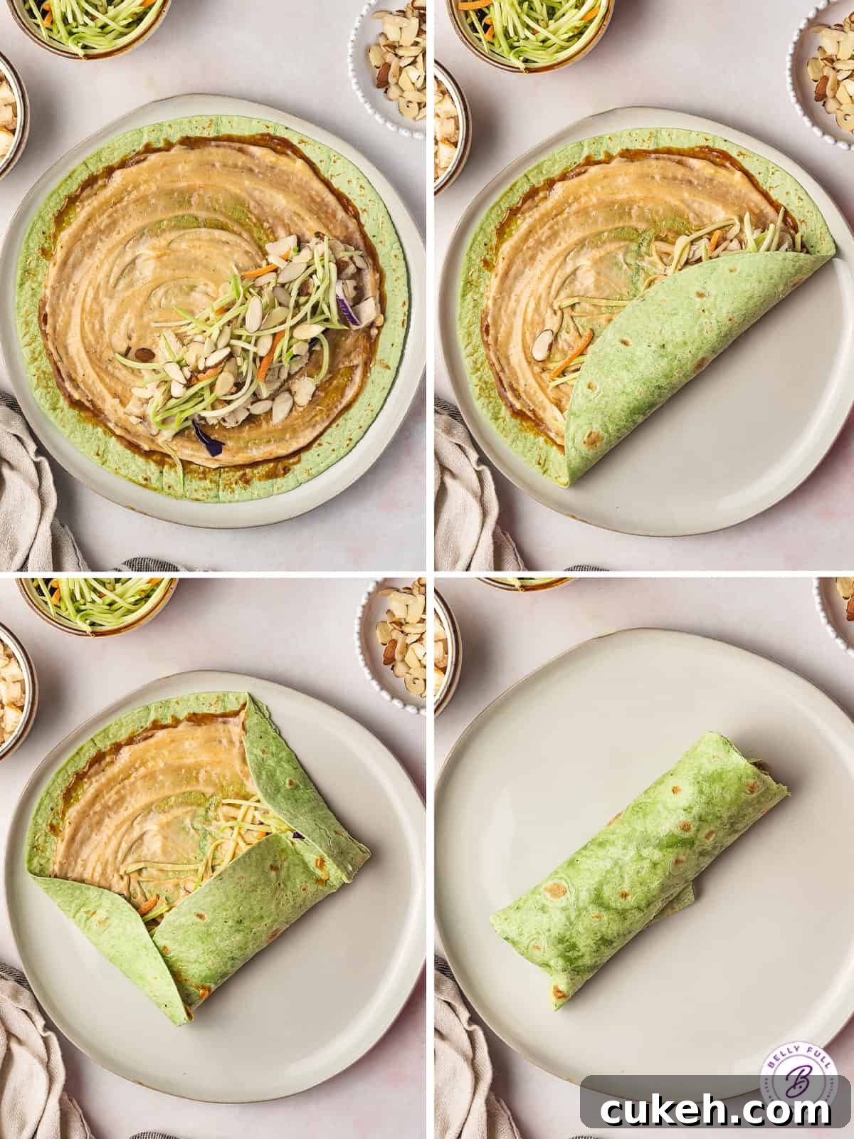 4 image collage how to make a chicken wrap