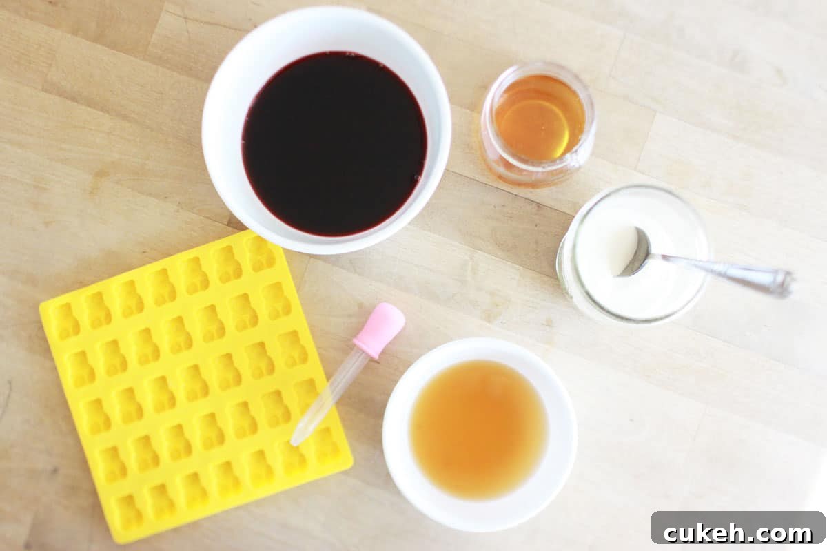 apple cider vinegar, tart cherry juice, honey and gummy molds all laid out on a countertop