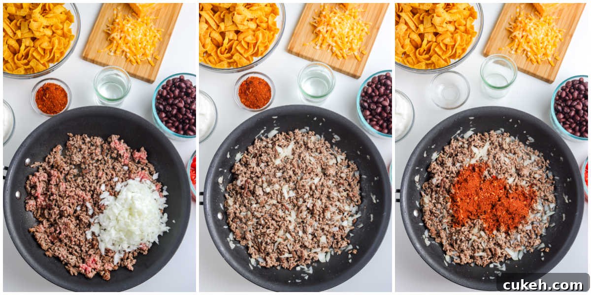 The ground beef cooked with onion and taco seasoning.