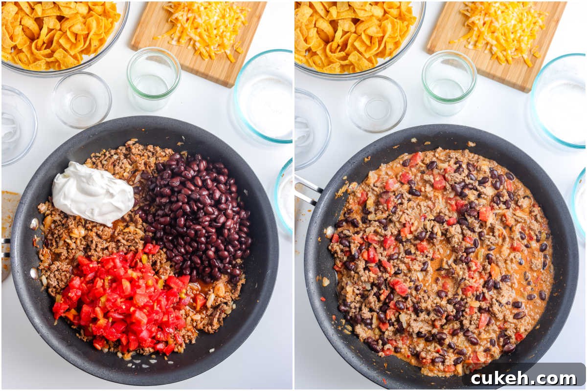 Sour cream, Rotel, and black beans added to the ground beef mixture.