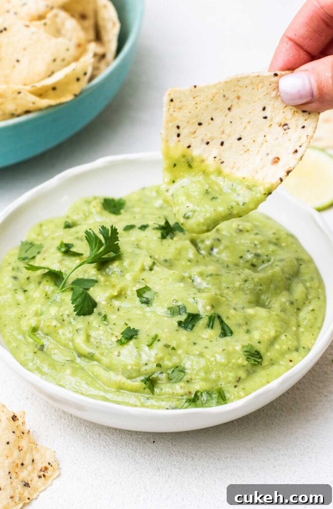 A bowl of creamy avocado salsa verde shown with a chip dipping in to it.