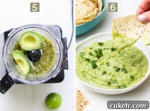 Adding avocados into the food processor with chilled salsa Serving it.