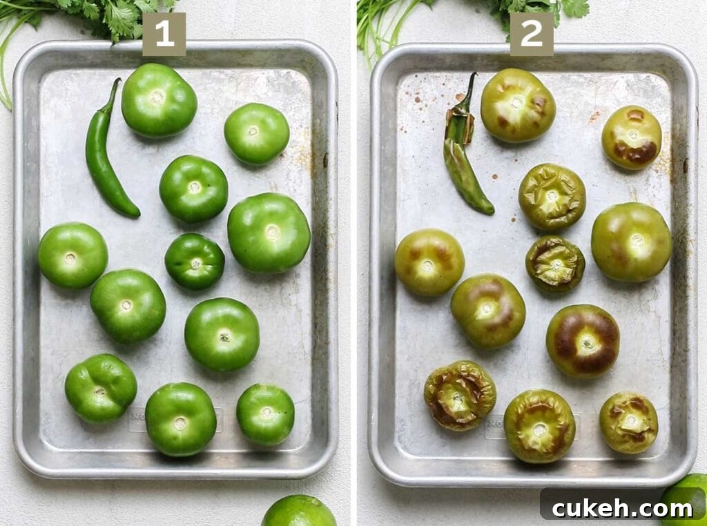 Step 1 shows peeling the tomatillos, and step 2 shows roasting the vegetables.