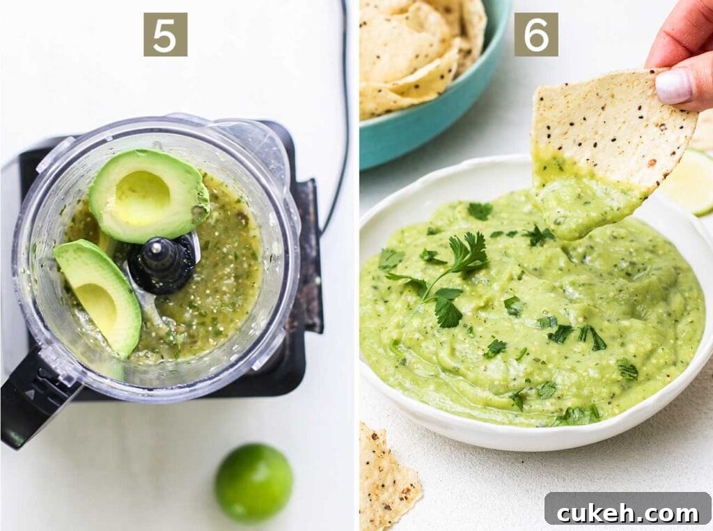 Step 5 shows adding avocados into the food processor with chilled salsa, and step 6 shows serving it.