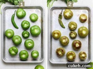 Peeling the tomatillos Roasting the vegetables.