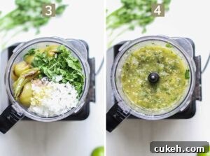 Adding the roasted vegetables, onions, garlic, cilantro and lime juice to a food processor Blending it to a good consistency then chilling it.