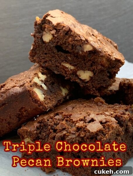 Triple Chocolate Pecan Brownies. These chewy soft brownies have a classic crisp outer, loaded with chocolate and pecan nuts. A sinfully rich chocolate dessert perfect for chocolate lovers