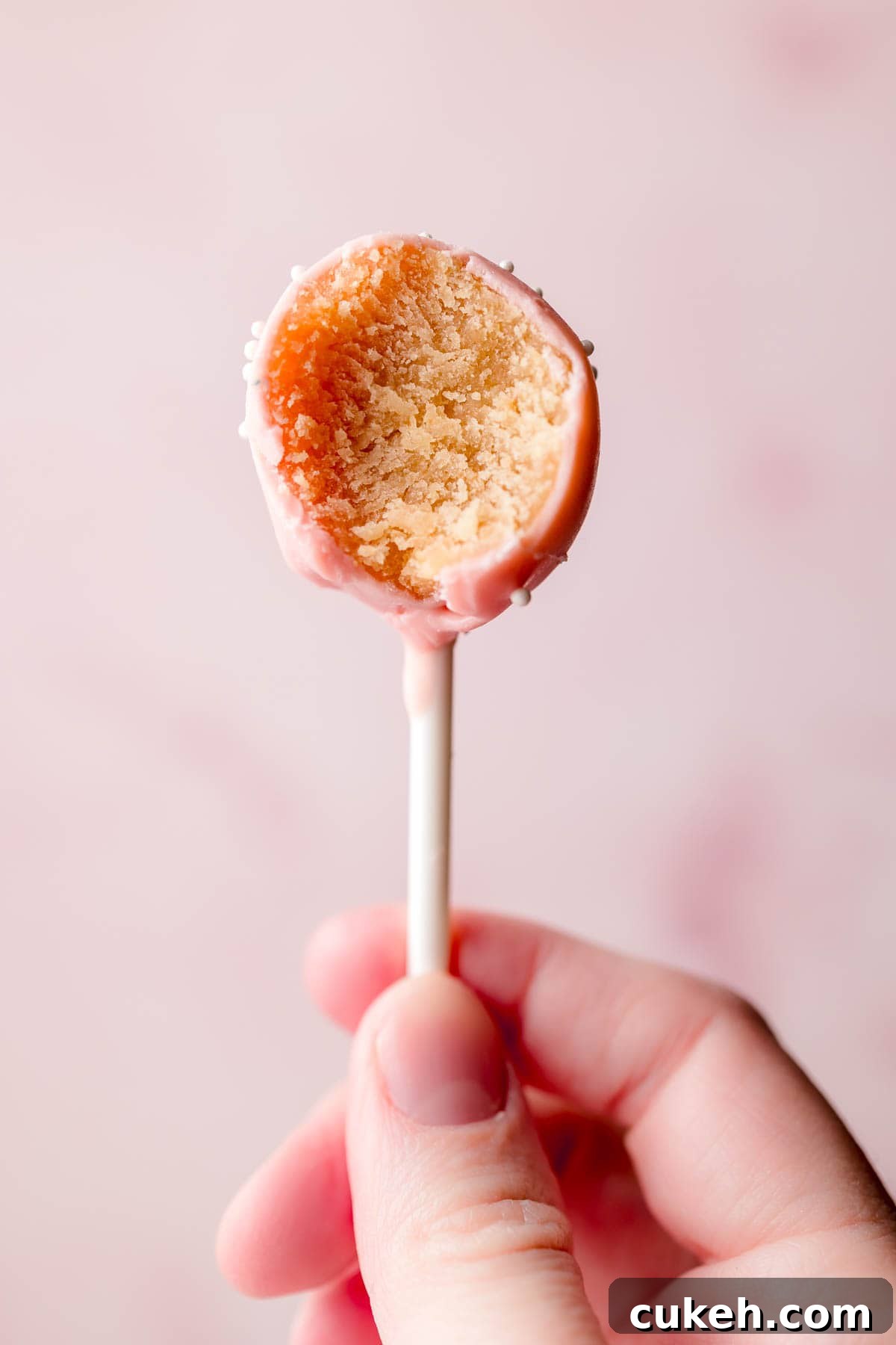 Starbucks-Style Gluten-Free Cake Pops Recipe 3 Hand holding a gluten-free cake pop with bite taken.