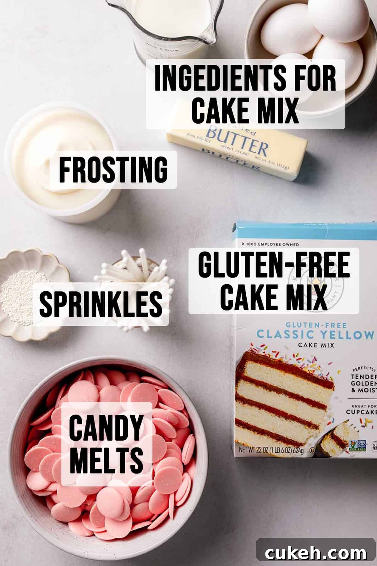 Starbucks-Style Gluten-Free Cake Pops Recipe 4 Ingredients for gluten-free cake pops laid out on surface.