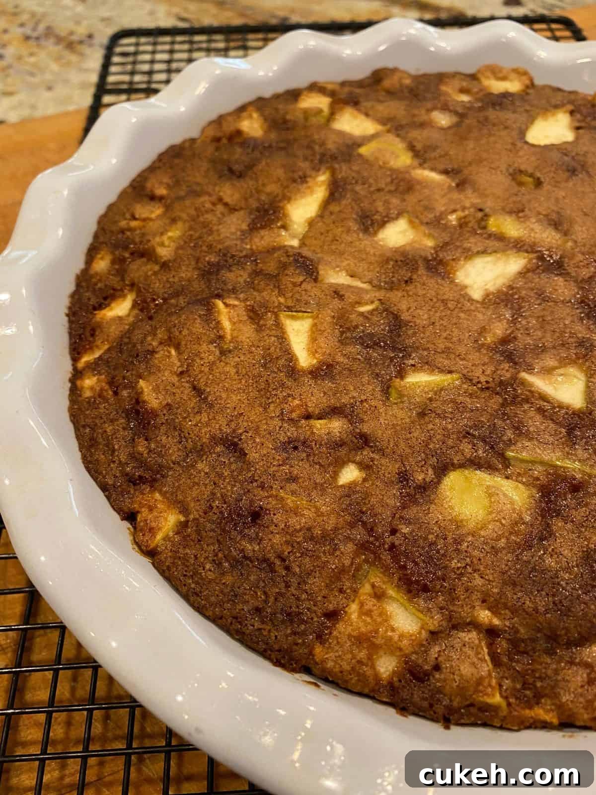 Apple cake in a pie dish on a cooling rack.