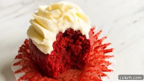 Single red velvet cupcake on a marble table.