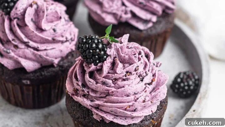 Four chocolate blackberry cupcakes on a white plate.