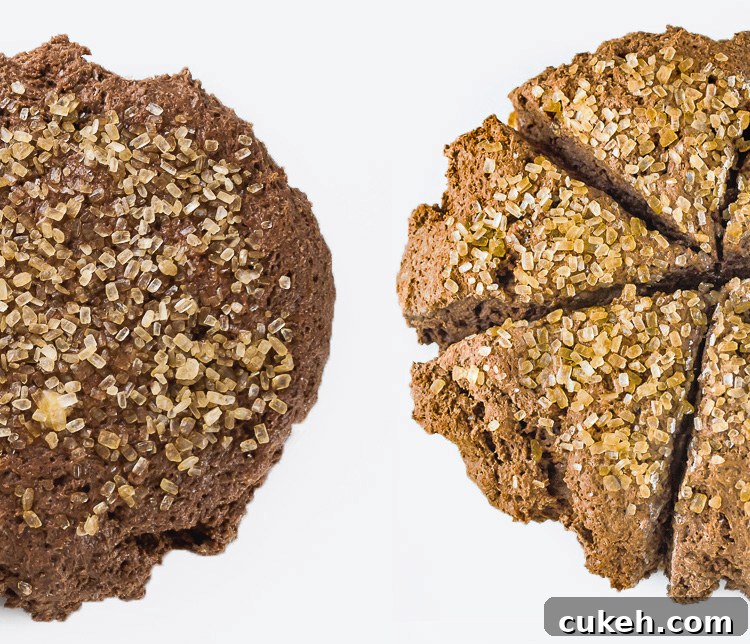 Raw dough and baked scones side by side; Double Chocolate Sugared Scones; 2015 Jane Bonacci, The Heritage Cook