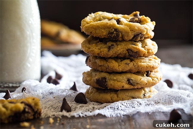 Close up of chocolate chip cookies stacked in a pile