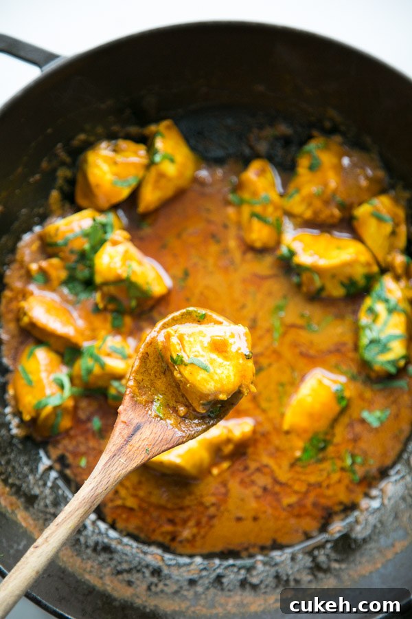 low fodmap butter chicken curry in a skillet with spoon holding a piece of chicken