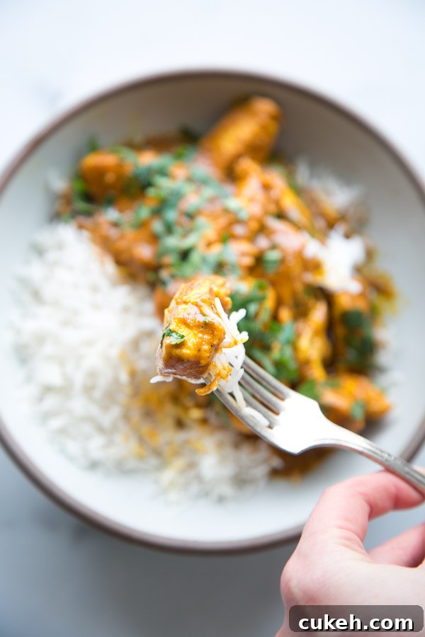 fork holding bite low fodmap chicken curry