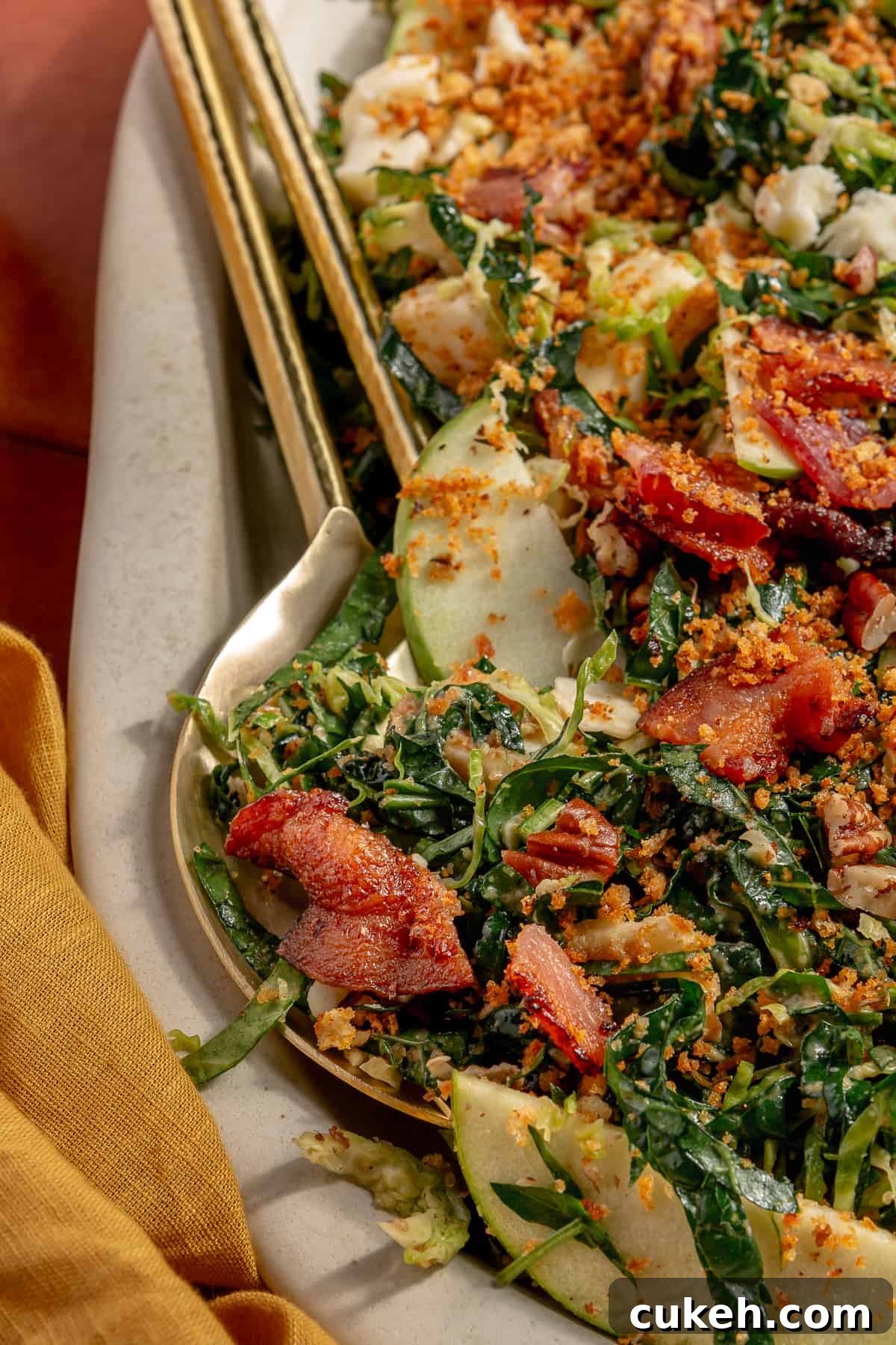 Close up of Bacon Brussels Crunch Salad on platter.