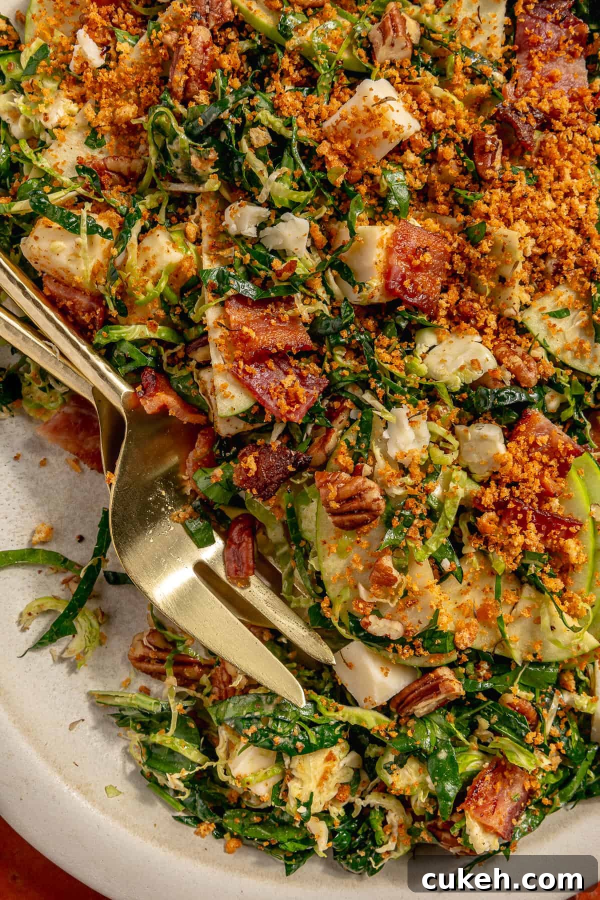 Close up of Bacon Brussels Crunch Salad on platter.