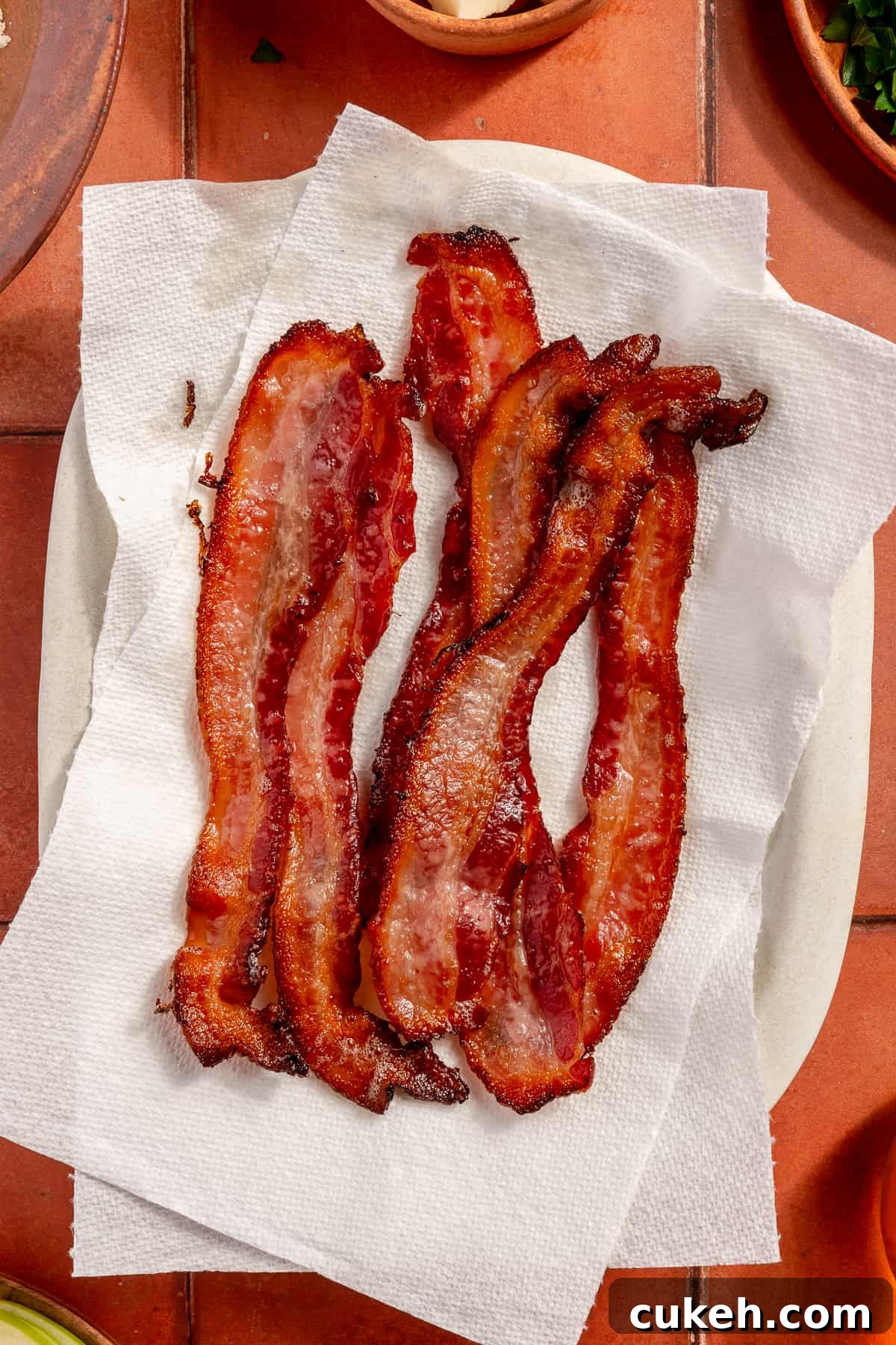 Crisped bacon on paper towel lined plate.