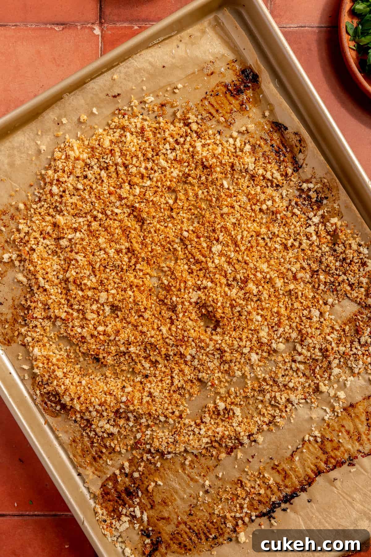 Crisped panko on sheet pan.
