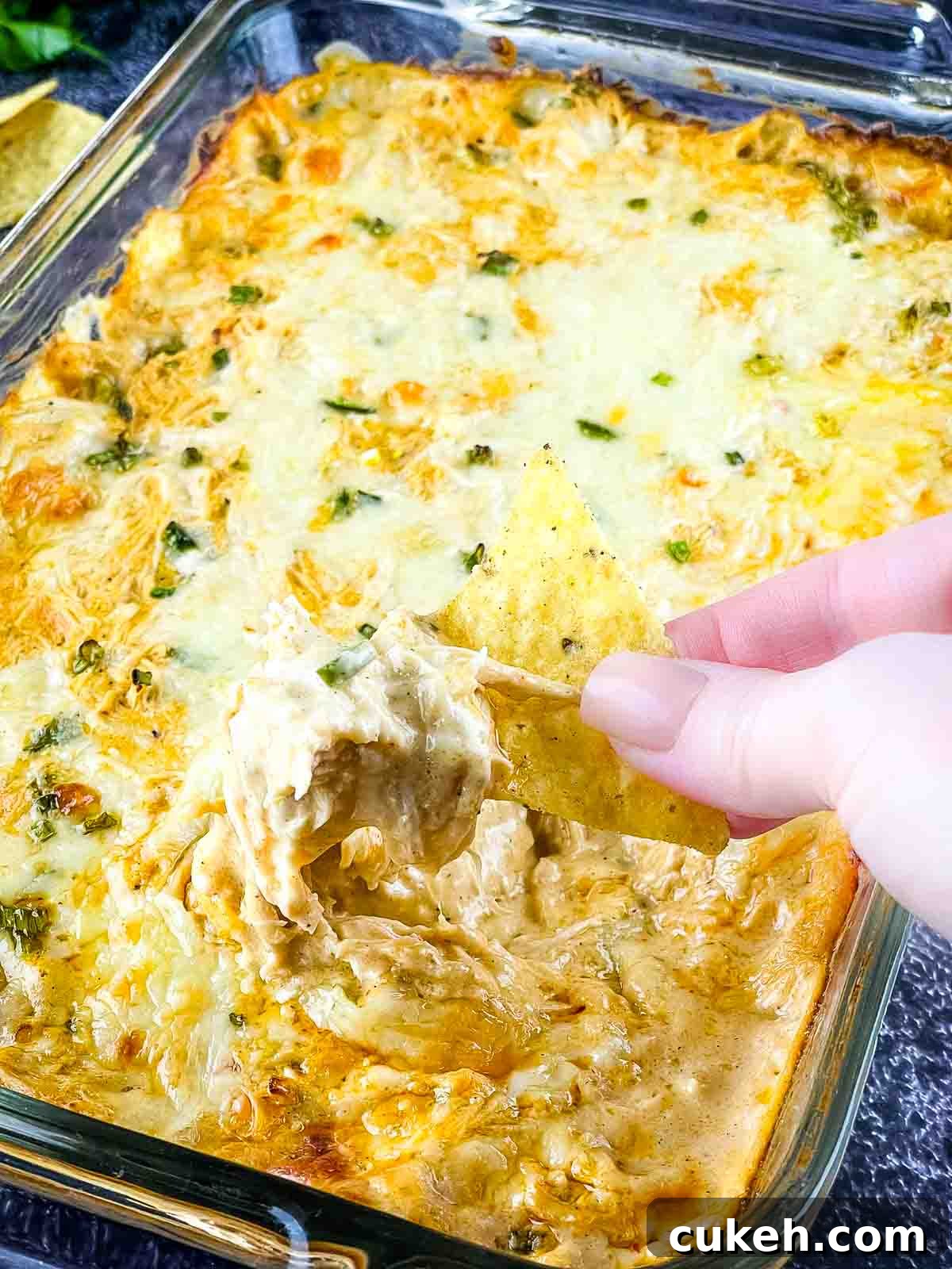 Buffalo Chicken Dip without Cream Cheese — Tangy, Cheesy Recipe 11 A hand scooping up buffalo chicken dip with a tortilla chip.