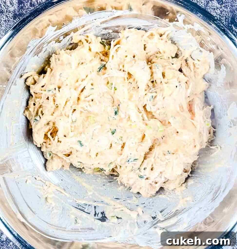 Buffalo Chicken Dip without Cream Cheese — Tangy, Cheesy Recipe 5 The chicken combined in a bowl with sour cream, seasoning, hot sauce, and ranch dressing.