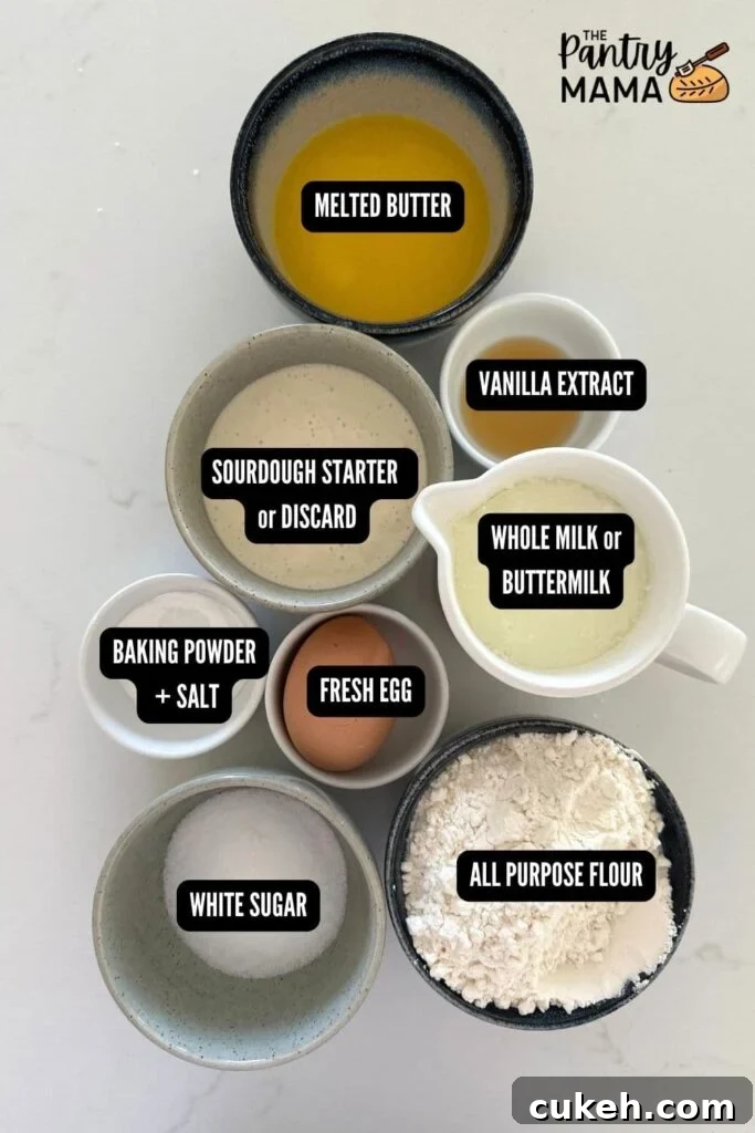A flat lay of ingredients necessary to make sourdough discard sheet pan pancakes.