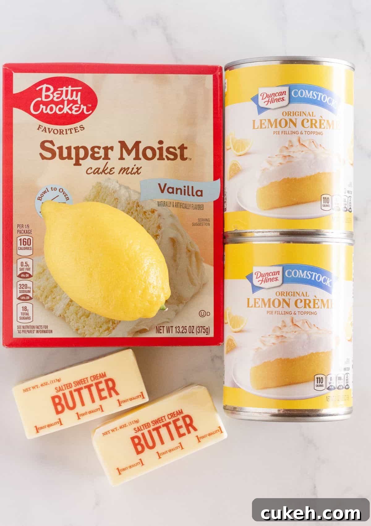 The ingredients needed to make a lemon dump cake.