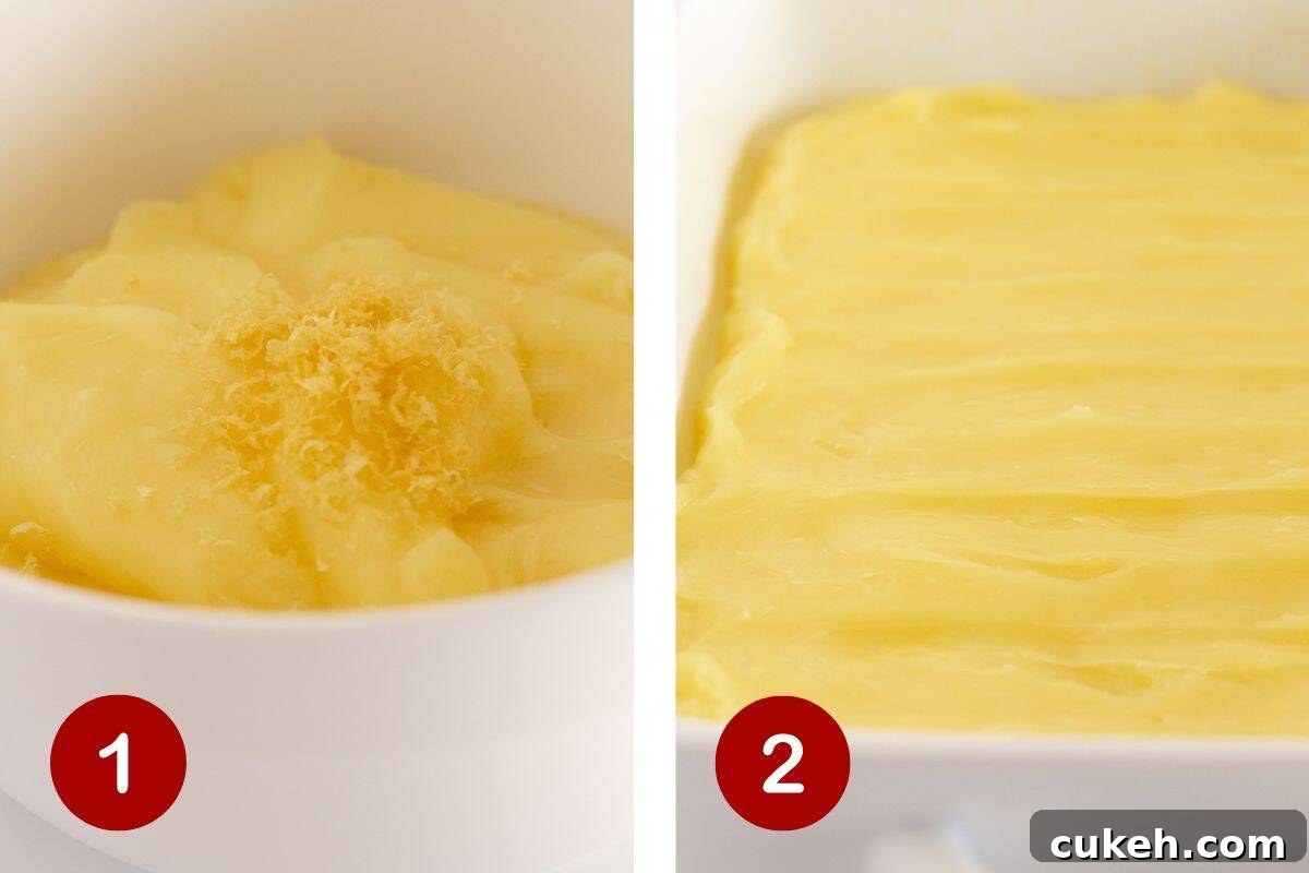 Adding lemon zest to the lemon filling and then adding it to a prepared pan.