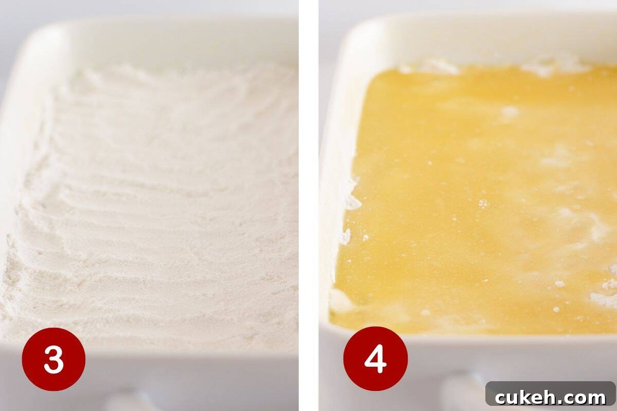 Add dry cake mix to the top of the lemon filling and top with melted butter.